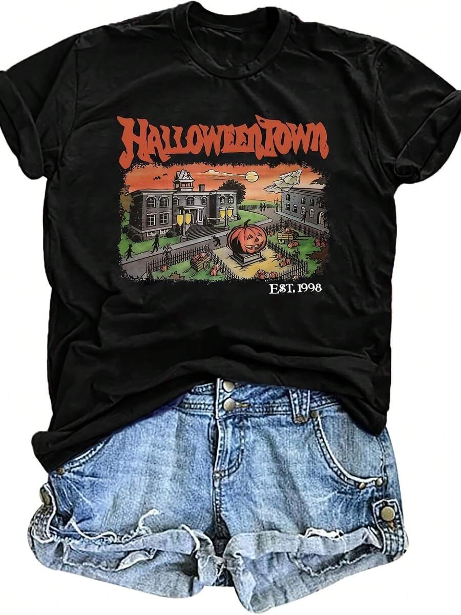 Halloween Shirt For Women Funny Pumpkin Halloween Town University Graphic Tee Halloweenie Tops - 黑色 - 查看 1