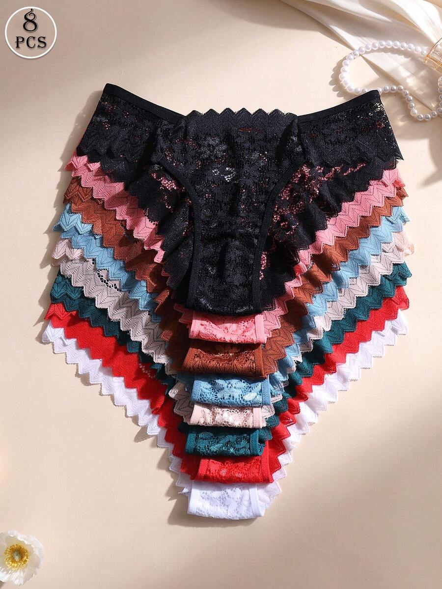 8 chiếc/gói quần lót bikini ren phối họa tiết gợi cảm dành cho nữ, cạp thấp, không đường may, khoét lỗ, thoáng khí.