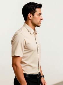 Rand paul Men's Plain Slim Fit Short Sleeve Dress Shirt With Pocket - 米色 - 查看 3