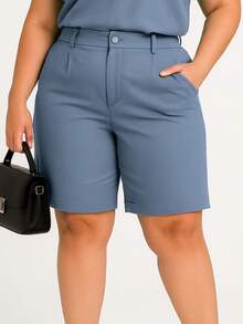 Seze Plus Size Linen Set Consisting Of Women's Tailored Shorts With Basic Blouse Featuring A V-Neck Detail And Mid-Thigh Shorts With Slash Pockets - 淺藍色 - 查看 6