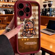 Funda de Teléfono Oso con Patrón de Cuadros de Café Texto de Buen Día para iPhone 14 13 12 11 Pro Max  Galaxy S23 S22 S21 S20 Plus Funda de Teléfono para Pareja Regalo para Novio Novia Regalo de Vacaciones - Negro - Ver 4
