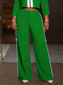 Women's Plus Size Green Pearl Beaded Wide Leg Pants Wedding Party Long Trousers Christmas - màu xanh lá - Xem 3