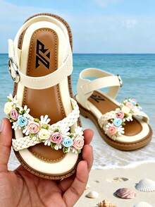 2026 Summer New Girls' Bohemian Colorful 3D Floral Woven Hook And Loop Sandals, Beige Faux Leather Soft Bottom Open Toe Sandals, Daily, Campus, Party, Beach Vacation Essential, Popular Trending Girls' Sandals, Fashion Design Princess Sandals, Soft Bottom Non-Abrasive Holiday Gift Choice - 米色 - 查看 2