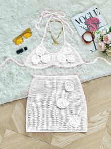 Bộ bikini hai mảnh phong cách Bohemian gợi cảm Y2K, phối màu tương phản, khoét rỗng, thêu hoa thủ công, gồm áo hai dây dệt kim và chân váy mini cạp thấp ôm sát bằng móc len, thích hợp cho kỳ nghỉ hè trên bãi biển dành cho nữ. Màu trắng. - trắng - Xem 6