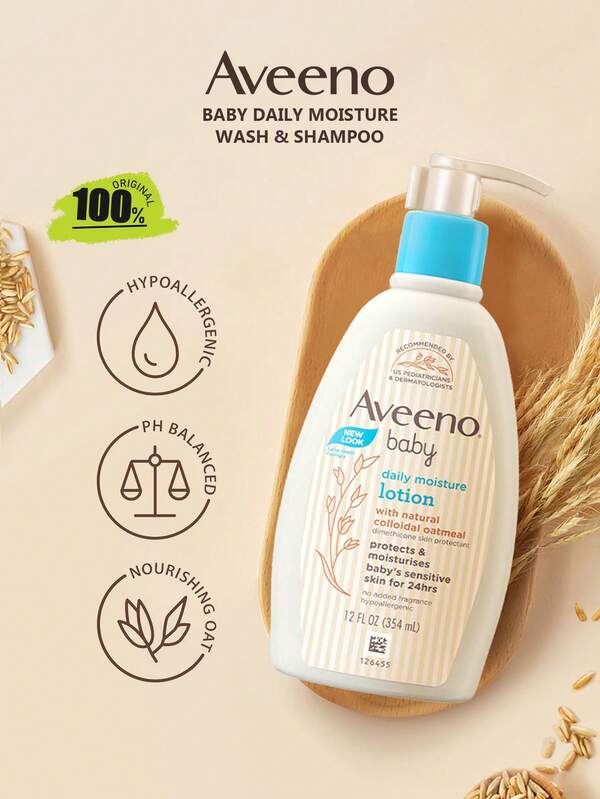 Aveeno Baby Daily Moisture Wash & Shampoo,Liquid Texture,Gentle Low-Foam,Easy-Rinse Formula,Botanical Nourishing Ingredients,Gentle Cleansing,Skin Nourishing,K-Beauty,Korean Makeup,354ml/11.97 Fl.Oz.