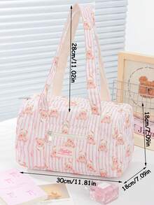 1 Piece Pink Strip Print Boston Bag Foam Quilted Tote Bag Large Capacity Travel Shoulder Bag Cute Cartoon Bear Pattern Shopping Tote Bag  Portable Travel Essentials Storage Bag Multi-Pocket Gym Bag Soft Fabric Cosmetics Storage Bag Fashionable Travel Makeup Handbag Multi-Functional Items Organizer Bag Gym Bag Ladies Accessories Travelling Stuff School Supplies Back To School Gifts Christmas Gift - 粉紅色條紋小熊 - 查看 8