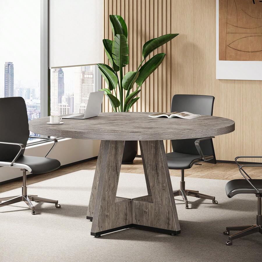 47-Inch Round Conference Table For 4-6 People, Wooden Meeting Room Table With Thicken Tabletop And X-Shaped Pedestal Base, Grey - Grey - View 1