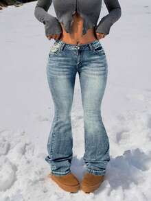 1 قطعة جينز نسائي مطرز بطبعة حيوانية أومبير، قطن مغسول مع جيب وسحاب وأزرار، مناسب للمسرح والحفلات والارتداء اليومي في الربيع والخريف