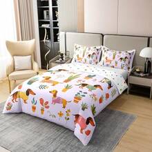 % Cotton Pink Dachshund Comforter Cover, Flower Floral Bedding Set, Kawaii Sausage Dog Duvet Cover, Lovely Puppy Quilt Cover, Soft Comfy, Dachshund Bedding - Purple - View 8