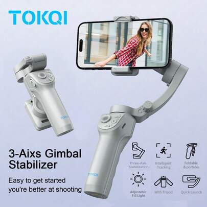 TOKQI Bộ ổn định gimbal cầm tay 3 trục dành cho điện thoại thông minh, giá đỡ điện thoại đa chức năng tích hợp AI theo dõi khuôn mặt và đèn chiếu sáng, gậy selfie ổn định có thể gập lại, chân máy chống rung để quay phim, vlog và quay video.