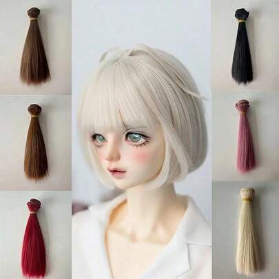 1 Straight-Haired Doll Wigs, Heat-Resistant Synthetic Fibre Wigs, Suitable For DIY Dolls, Short Straight Hair, Available In Black And Multicolour, 15 Cm