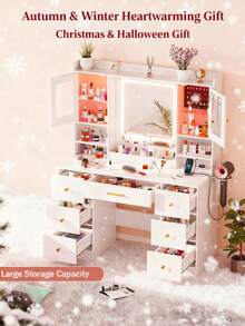 LAKEMID ✨Vanity, 7 Drawers White Vanity Desk With Mirror - Large Makeup Table Set With Cabinets And 3 Modes, 8 Storage Shelves With 2 Ultra-Clear Display Cabinets & 2 Ultra-Clear Dividers, 3 Storage Compartments, Top Shelf Included, Vanity Mirror With Desk Dressing Table For Bedroom, Includes Hairdryer Holder|Essential Makeup Vanity For School Club Performance Makeup Sessions|Autumn & Winter Heartwarming Gift|Fall 2025 Christmas Eve|Perfect Addition To Makeup Routine For Shows,Gatherings And Festivals!|Essential Vanity For The Makeup Show Houston|Columbus Day/Indigenous Peoples' Day|Carbondale Halloween Homecoming Music Street Festival|Veterans Day|Thanksgiving Day|Christmas Spectacular Starring The Radio City Rockettes|Christmas Day|New Year's Eve✨ - 白色 - 查看 10