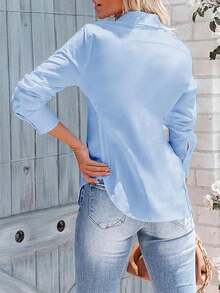 Blusa con cintura plisada para mujer, camisa de botones deunicoloro con solapa entallada, parte superior para oficina y hogar que define la cintura para otoño, invierno y primavera - Azul cielo - Ver 3