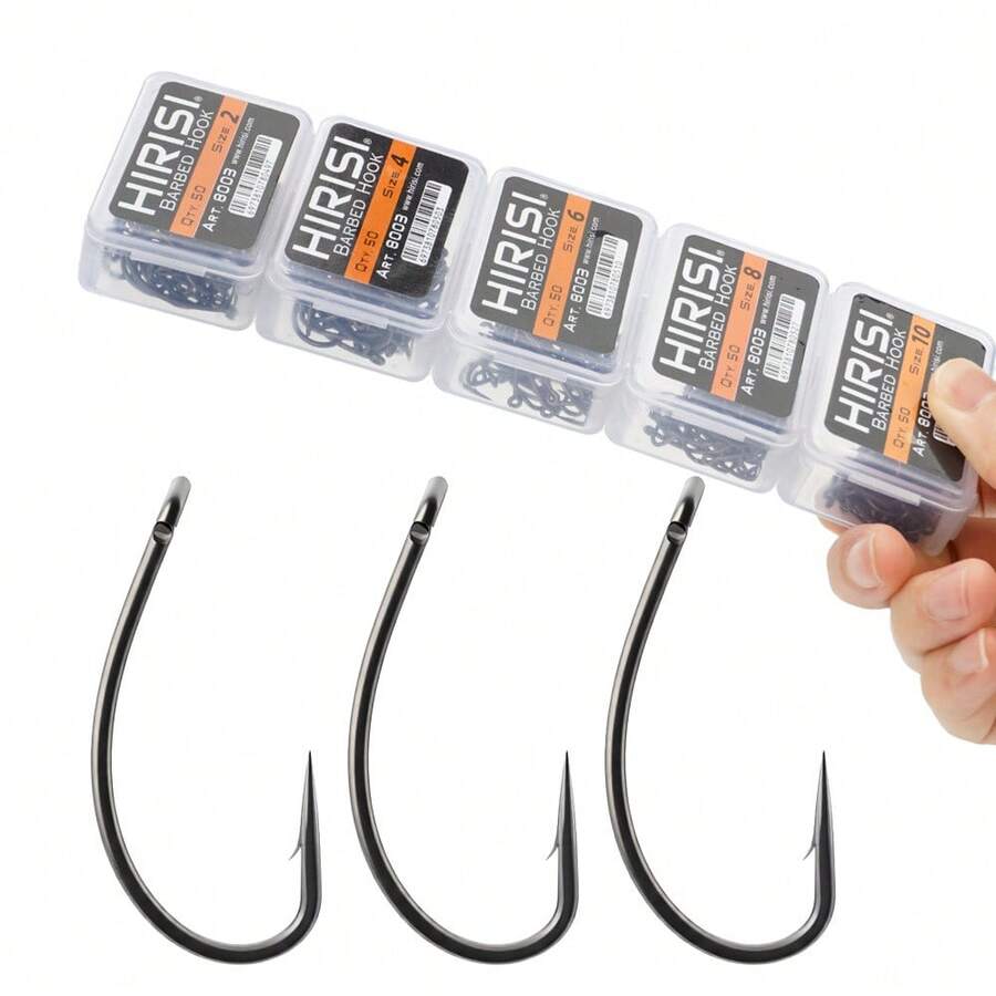 Hirisi 50 Pieces High Carbon Stainless Steel Coating Barbed Carp Fishing Hooks With Eye 8003 Fishing Accessories - Black - View 1