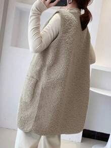 秋冬季仿羊羔绒纯色轻薄外套，复古风无袖仿毛皮长款背心大衣（女士款） - 咖啡棕 - 查看 6
