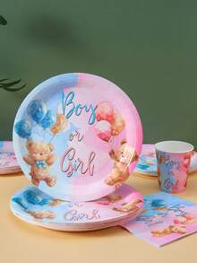100/25/10pcs Cute Bear Gender Reveal Party Tableware Set, 7/9 Inch Disposable Paper Plates, Gender Reveal Party Decoration Bear Paper Plates, Cups And Napkins, Disposable Paper Plates, Cups, Napkins, Cute Bear Theme Gender Reveal Party Supplies - Multicolor - View 3