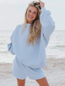 Women's Lazy Style Sweatshirt Shorts Set Oversize Design Sweet Style Versatile For Daily Casual Looks - 藍色 - 查看 2