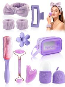 3/5/9/10pcs/Set Women Facial Cleansing & Hair Accessory Tool Kit, Including Headband, Sweatband, Roller, Gua Sha Board, Ice Pack, Comb, Hair Clips, Storage Bag, Convenient Home & Travel Skincare & Styling Tools, Claw Clips, Hair Tool Kit