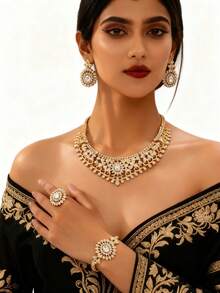 1 Bộ trang sức cưới cô dâu Maximalist sang trọng, thanh lịch theo phong cách Trung Đông và đính đá hoàn toàn, bao gồm 1 đôi bông tai + 1 vòng cổ + 1 vòng tay + 1 nhẫn, thích hợp cho phụ nữ đeo trong đám cưới/tiệc tùng/lễ hội, một món quà bất ngờ xa hoa cho người yêu/mẹ/bạn bè - Nhiều màu - Xem 6