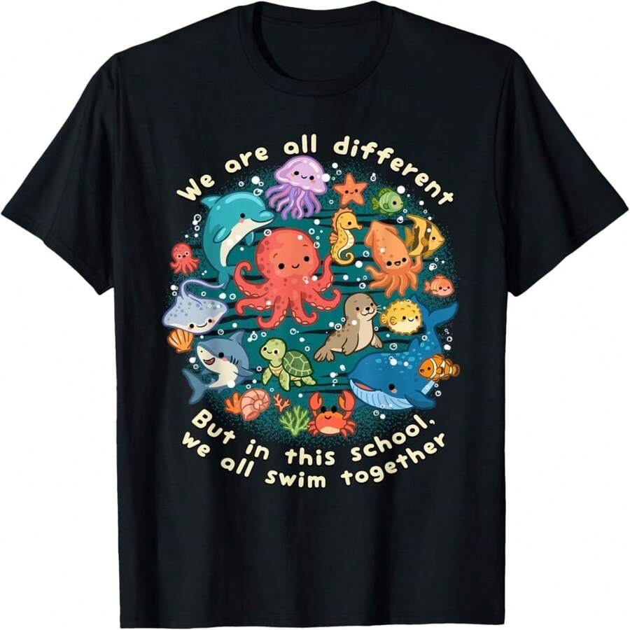 We Are All Different But In This School We All Swim Together T-Shirt - Black 17 - View 1