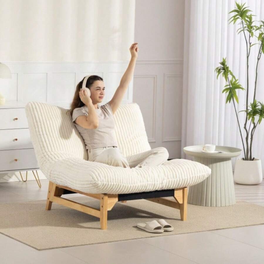 Bean Bag Chair For Adults ,Accent Armless Lazy Sofa, Casual Single Sofa, Corduroy Fabric, For Living Room And Bedroom , With Backrest, Single Seat - 米白色 + 燈芯絨 - 查看 1