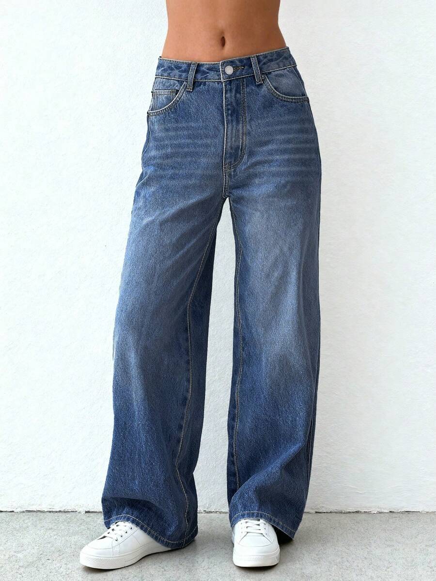 女式复古直筒宽松直筒牛仔裤 - 藏蓝色 - 查看 1