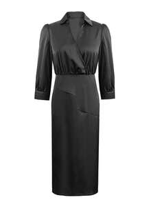 Women's Solid Color Collar Puff Sleeve Elegant Dress Black Spring - Black - View 2