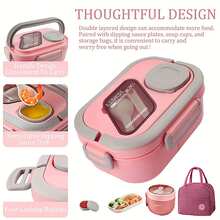 2-Layer Multi-Compartment Insulated Lunch Box Set: Lunch Box + Cup + Bag. Portable Large Capacity Food Container With Handle, Reusable Microwaveable Plastic Lunch Box For Office Workers, Students, Office, School, Party, Outdoor, Camping, Picnic, Snack - trắng - Xem 3