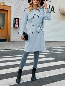 Women's Double Breasted Long Trench Coat Windproof Classic Lapel Slim Overcoat With Belt - Màu xanh lam - Xem 5