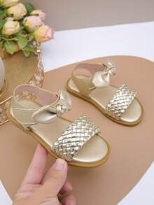 Modische, süße Kinder-Schleifen-Sandalen mit flachem Absatz, geeignet für den Urlaub - Gold - Übersicht 3