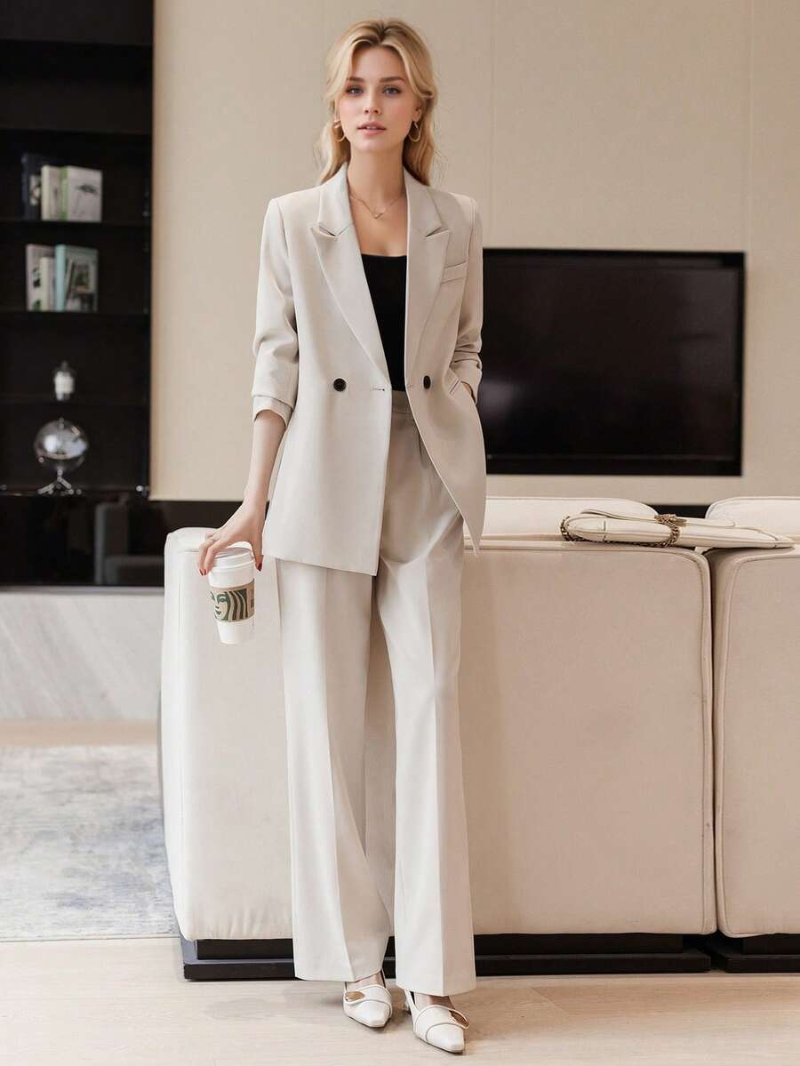 Bộ đồ công sở cao cấp phong cách nữ thần thanh lịch dành cho nữ, mẫu thời trang mới Xuân/Thu 2025. - Màu be - Xem 1