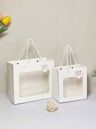 6 st presentpåsar med genomskinligt fönster, shoppingpåsar i kraftpapper med handtag, tygpåsar med etikett, vita presentpåsar i liten storlek, lämpliga för födelsedagar, bröllop, fester, blomsteraffärer, julförpackningar, alla hjärtans dag, mors dag, examenspresenter