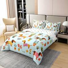 % Cotton Pink Dachshund Comforter Cover, Flower Floral Bedding Set, Kawaii Sausage Dog Duvet Cover, Lovely Puppy Quilt Cover, Soft Comfy, Dachshund Bedding - Blue Red - 查看 5