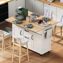 Kitchen Island On Wheels, Extendable Dining Table, Mobile Kitchen Island With Drawers And Towel Rack, Mobile Kitchen Cart With Power Strips, Ideal For Kitchen And Dining Room (Black) - White - View 3