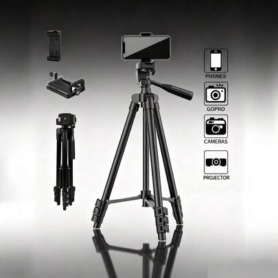 便携式铝合金可伸缩相机/手机三脚架，配备通用接口和云台，兼容单反相机（主流品牌）、智能手机（苹果手机、安卓手机）、GoPro、投影仪等，适用于摄影、自拍、直播、Vlog、视频录制、视频会议等场景，是冬季假期、旅行、户外活动的理想之选。这款三脚架承重力强，可稳定录制视频，是度假旅行、户外活动直播、自拍杆、Vlog 设备的理想之选。