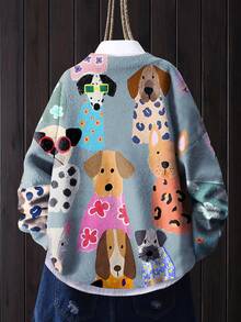 【全身印花】【轻薄】【毛衣】休闲可爱小狗图案圆领长袖针织时尚轻薄毛衣，女士秋冬款 - 淺藍色 - 查看 2