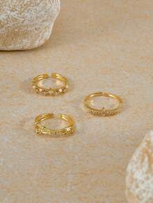 Opalesca 3pcs Set Copper Alloy Cubic Zirconia Faux Pearl Crossed Crown Design Adjustable Open Ring, Suitable For Women Everyday Wear - Yellow Gold - View 2
