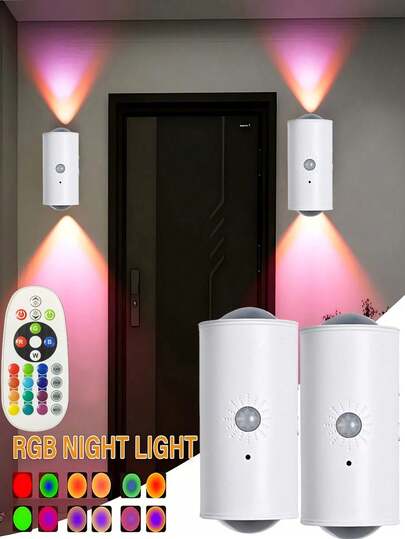 1 pezzo Luce notturna a LED a 7 colori sfumati, lampada da parete a doppia testina a forma di occhio di gatto, luce da parete a sensore intelligente a LED, luce notturna a sensore di movimento ricaricabile a LED, faretti a doppia testina autoadesivi, guscio bianco, 16 colori dimmerabili con telecomando