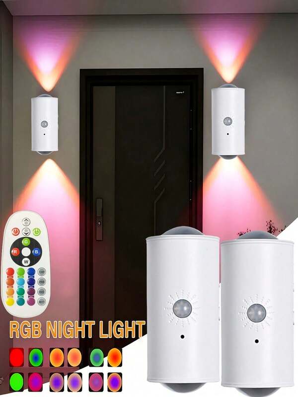 1pc 7-Color Gradient LED Night Light, Dual-Head Cat Eye Wall Lamp, LED Smart Sensor Wall Light, Rechargeable LED Motion Sensor Night Light, Self-Adhesive Dual-Head Spotlights, White Shell, 16-Color Dimmable With Remote Control