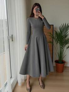优雅法式修身女士秋季连衣裙，A字裙，适合沙特国庆节春季穿着 - 灰色 - 查看 5