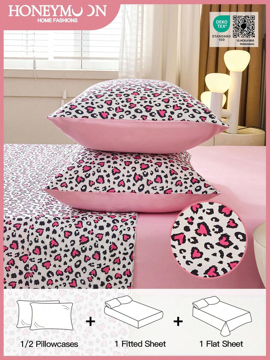 3/4件套豹纹床上用品套装，含枕套，轻盈抗皱，包含1张床单、1张床笠和1/2个枕套，深口袋设计，适用于单人床、双人床、大号床和特大号床，通过Oeko-Tex认证