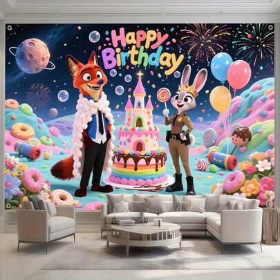 Nick And Judy Sweet Birthday Party Banner - 100*150 Cm, Bright Polyester Fabric Background, Suitable For Birthday, Wedding, Easter, Mother's Day, Indoor/Outdoor Decoration, Festival Atmosphere Creation, Exquisite Design, High Quality.