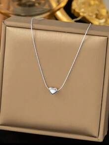 1pc Fashionable Minimalist Silver Heart Pendant Necklace, For Women - Silver 7 - View 2