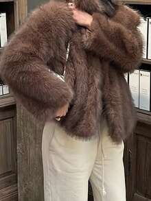 Roupas de Inverno para Mulheres Casacos de Pele Sintética Cor Sólida Casaco Volumoso de Manga Longa e Casaco de Pele Marrom - Adequado para Natal, Festas e Uso Diário