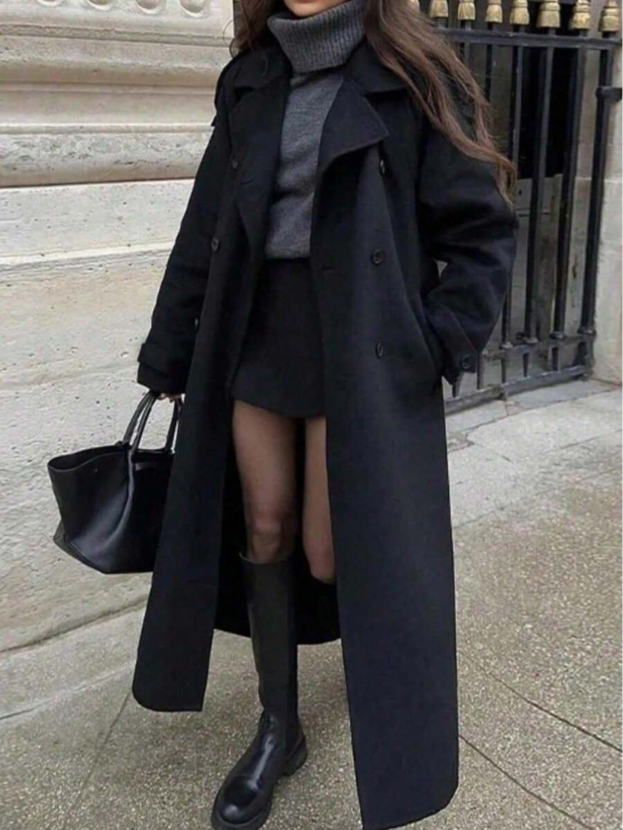 Seelio Autumn/Winter New Women's Fashion Classic Double-Breasted Windbreaker Coat Woolen Overcoat Black - Black - View 1