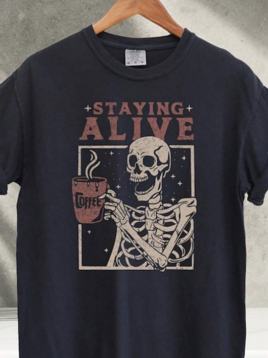 Staying Coffee Al TShirt, Coffee Shirt, Funny Skeleton Shirts, Coffee Lovers Gift Skull Vintage Skeleton Tshirt Women Tee - 黑色 - 查看 1