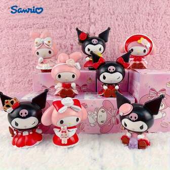  Sanrio söta flickor PVC-figurer - samlardekoration för skrivbordet med ros- och El-mönster, rosa och röda kläder, ingen elektricitet behövs, inomhus-/utomhusbruk, hållbart PVC-material för hemmet, kontoret eller present, inomhus- och utomhusdekor, lekfull karaktärsdesign, detaljerat hantverk