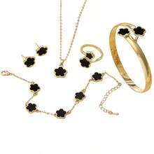 1 Set 5pcs Elegant Floral Jewelry Set: Necklace + Bracelet + Bangle + Earrings + Ring - one-size - View 4
