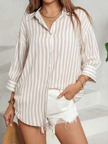 AuroraSilk Women's Striped Button Front Drop Shoulder Blouse, Casual Short Sleeve Shirt, Suitable For Spring, Summer, Autumn, Party Wear - 彩色 - 查看 5