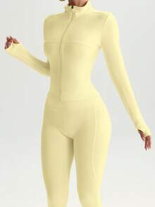 FWH 两件套街头风修身套装，包含带拇指孔的拉链外套和高腰喇叭裤（腰部可调节），塑形提臀，提升自信，是春季女士运动服的理想之选。 - 黃色 - 查看 6